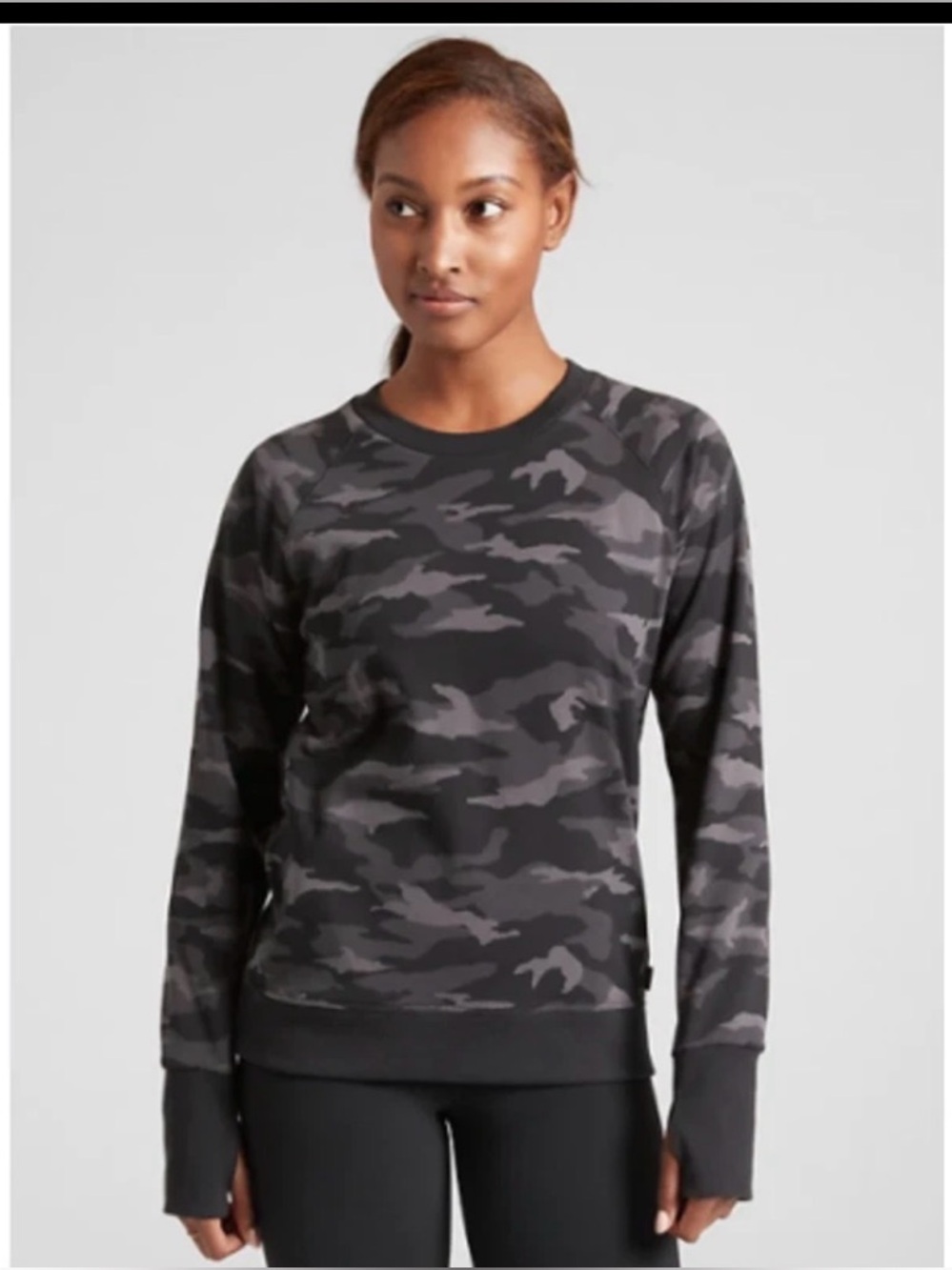 Athleta Camo Crewneck Sweatshirt Size L Gray Camouflage Pullover Athleisure
